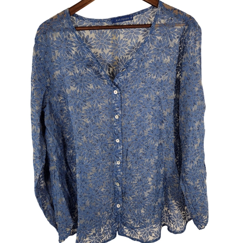 Cut Loose Sheer Blue Floral Long Sleeve Button Up Tunic Top Size Medium
